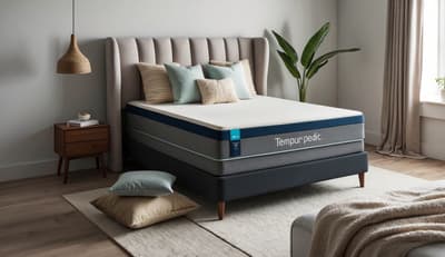 A bedroom with a Tempur-Pedic mattress as the focal point, surrounded by cozy pillows and a soft blanket, creating a serene and inviting atmosphere