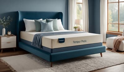 A serene bedroom with a Tempur-Pedic mattress, soft pillows, and cozy blankets, creating a peaceful and comfortable sleep environment