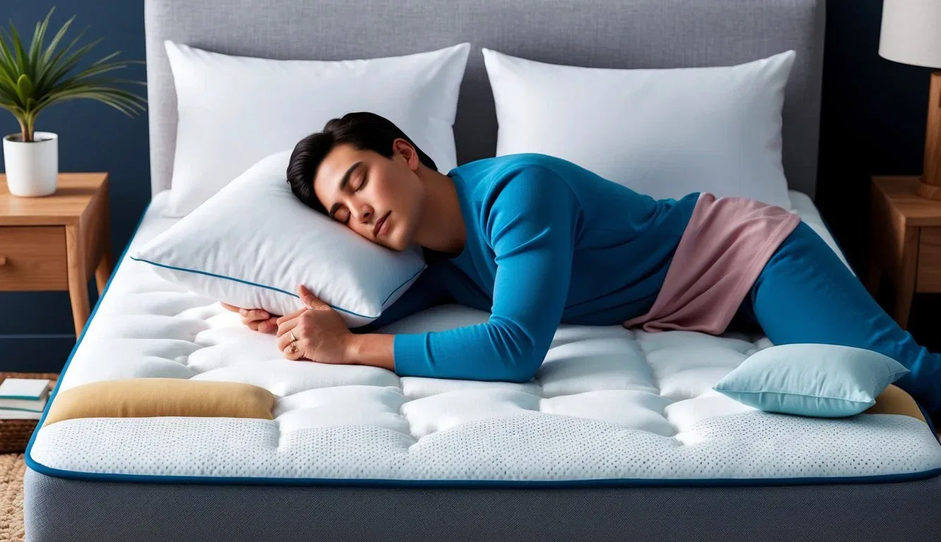 A side sleeper peacefully resting on a supportive mattress with cushioning designed to relieve pressure points, surrounded by pillows for added comfort