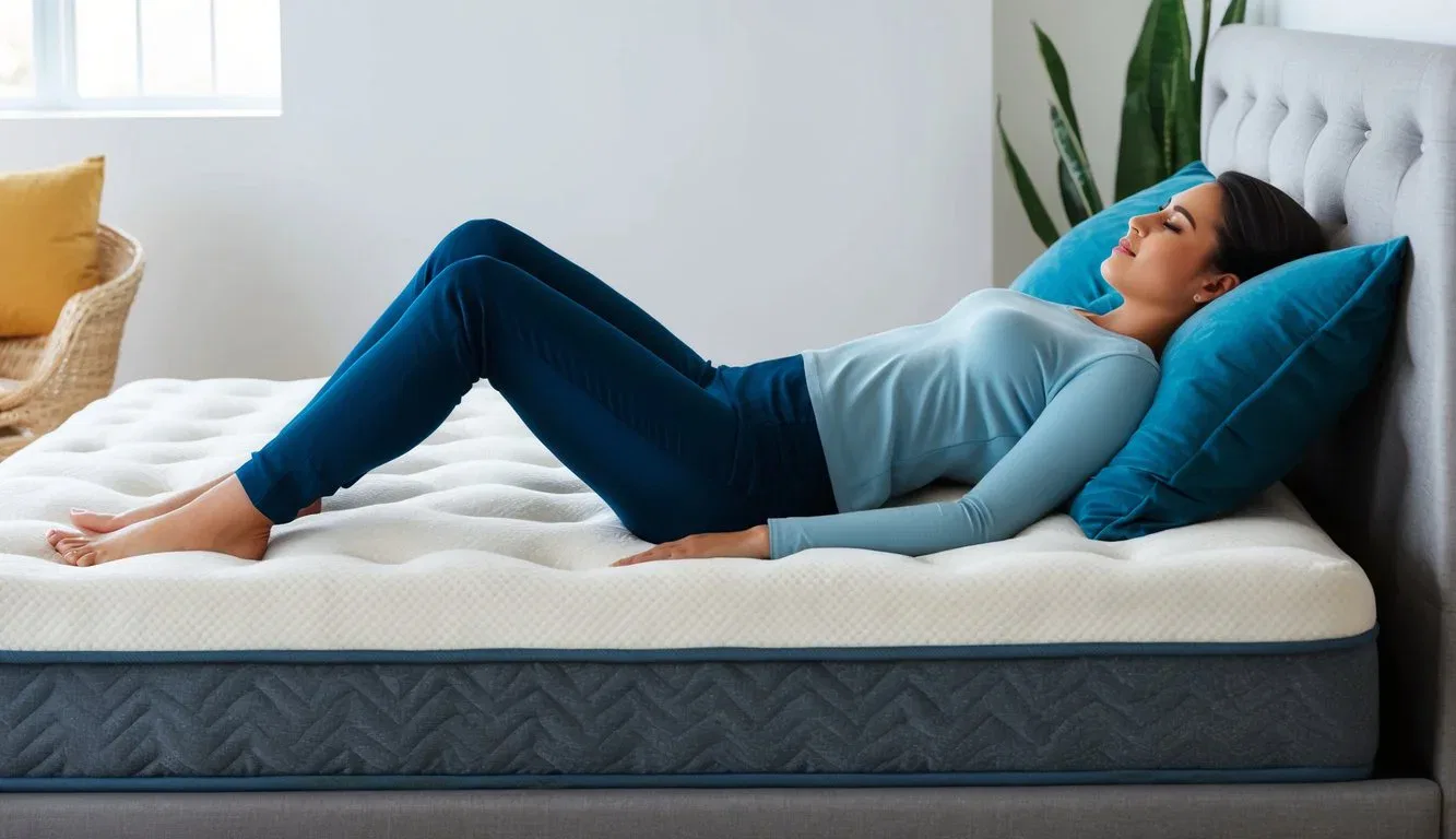 A person lying on their side on a plush mattress, with their body comfortably supported and their spine aligned