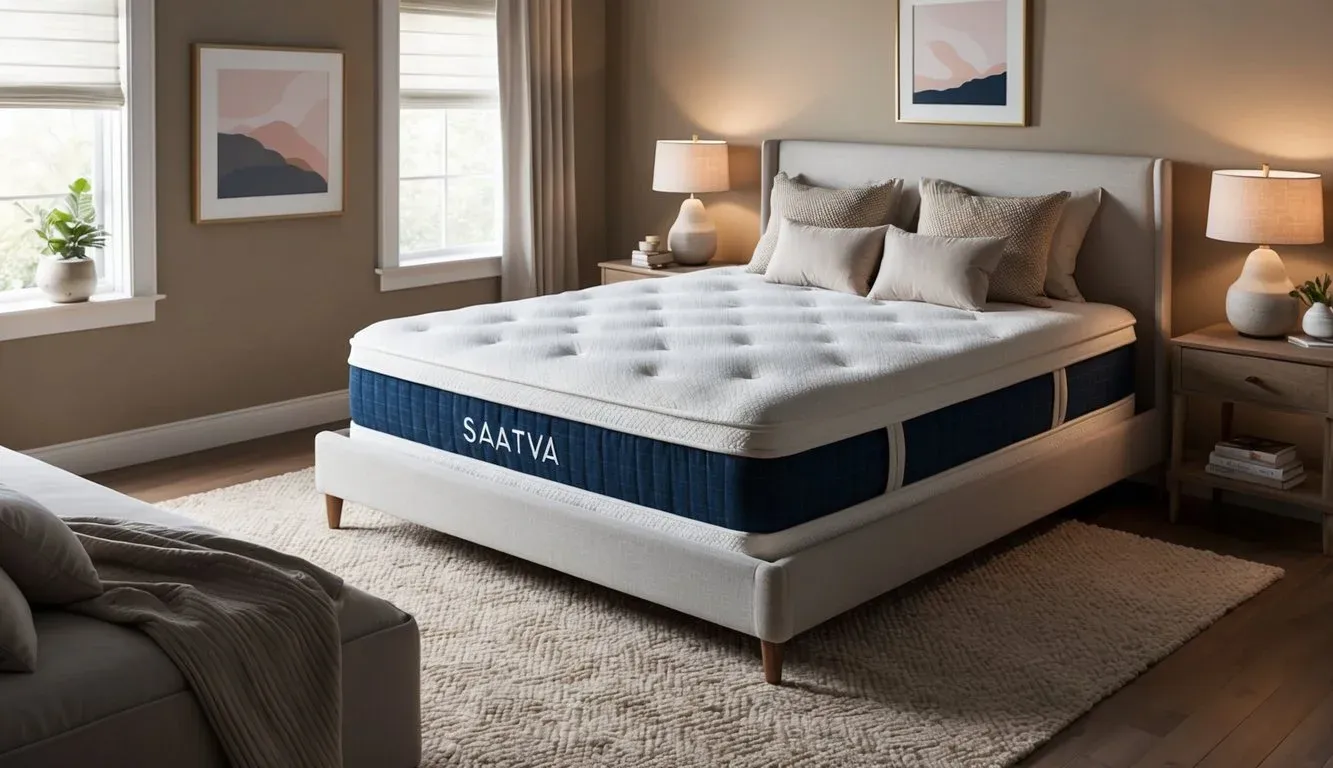A cozy bedroom with a luxurious Saatva mattress as the focal point, surrounded by soft, neutral-toned bedding and a warm, inviting atmosphere