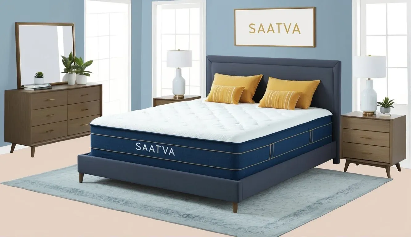 A bedroom with a Saatva mattress, pillows, and bedding, surrounded by other Saatva products like bed frames and nightstands