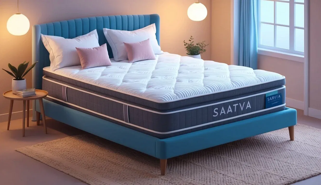 A peaceful bedroom with a cozy, well-made bed featuring a luxurious Saatva mattress, surrounded by soft pillows and gentle lighting