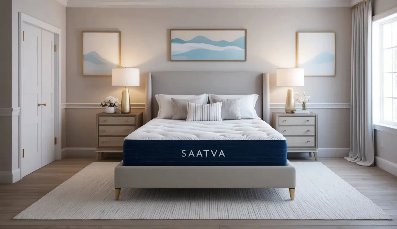 A serene bedroom with a luxurious Saatva mattress as the focal point, surrounded by soft lighting and elegant decor