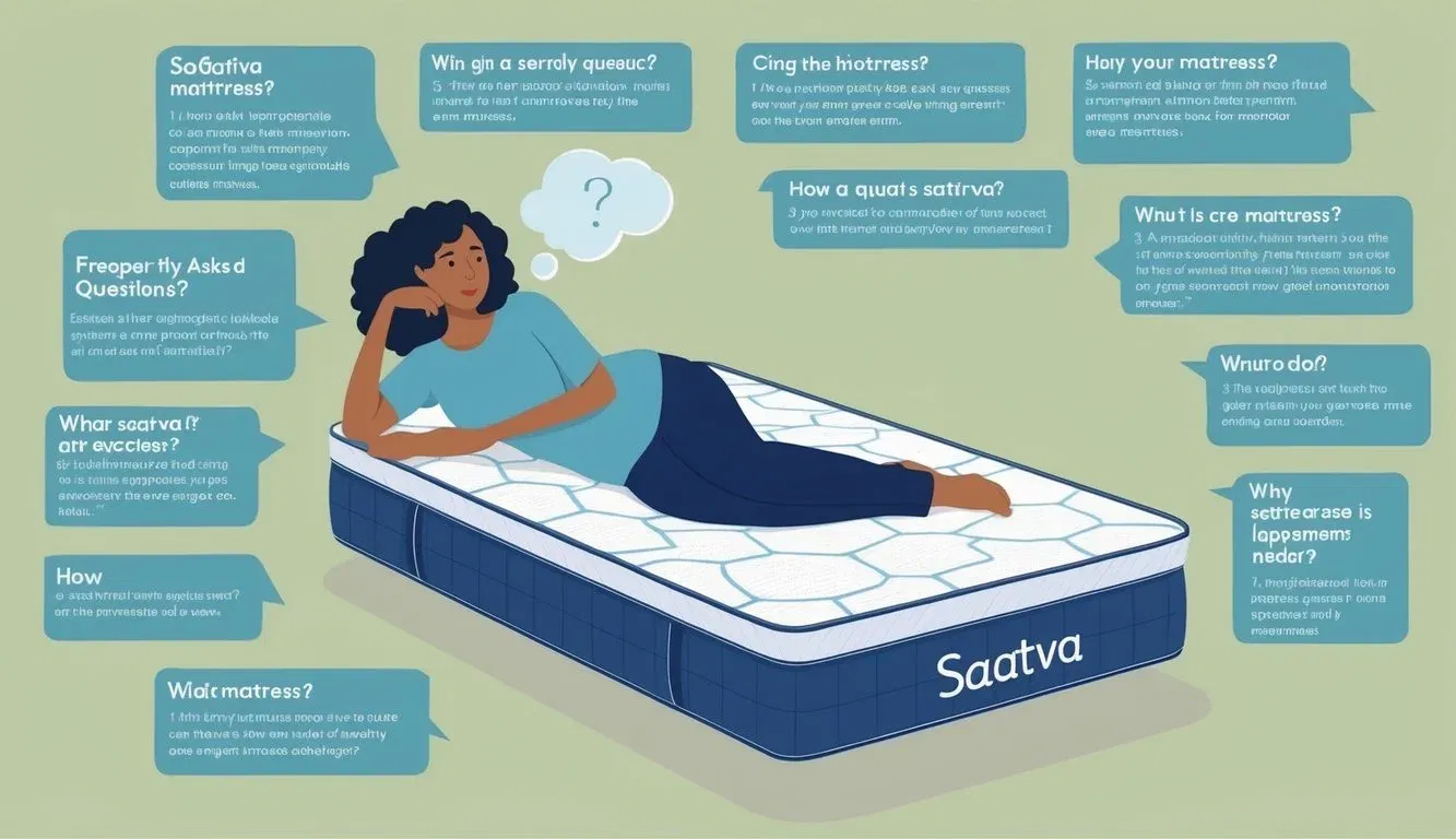 A person lying on a Saatva mattress, surrounded by various frequently asked questions related to the mattress, with a thoughtful expression on their face