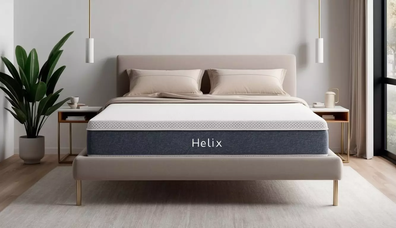 A comfortable Helix mattress sits in a modern bedroom with soft, neutral bedding and a sleek, minimalist bed frame