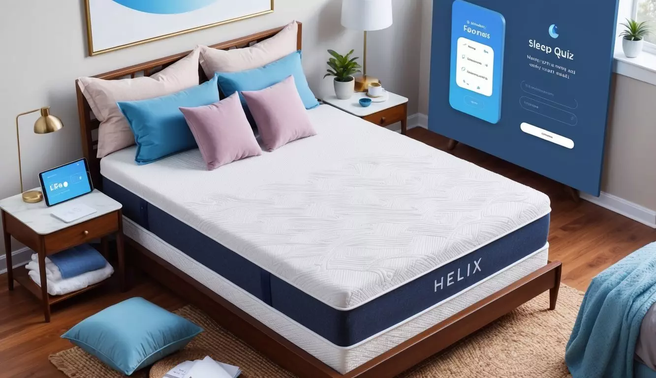 A cozy bedroom with a Helix mattress as the focal point, surrounded by various sleep-related items such as pillows, blankets, and a bedside table with a sleep quiz and customization options displayed on a tablet