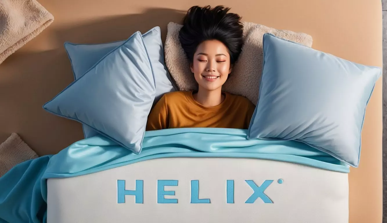 A person lying on a Helix mattress, surrounded by plush pillows and a cozy blanket, with a satisfied expression on their face