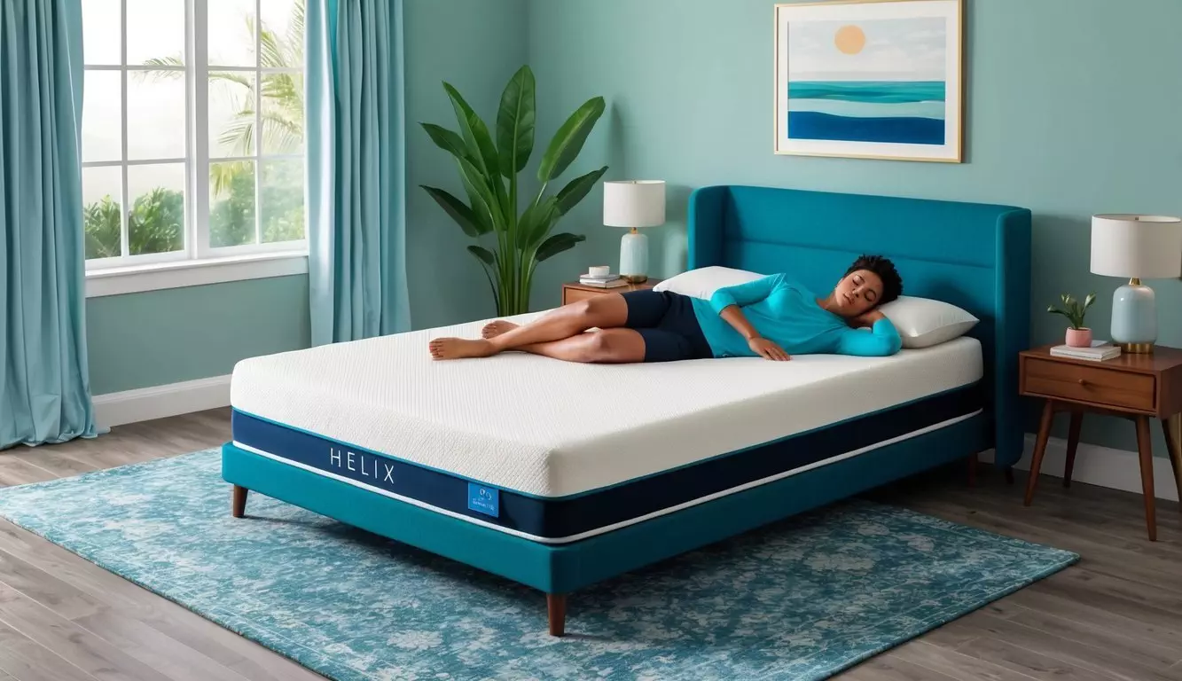 A person lying comfortably on a Support and Pressure Relief helix mattress, surrounded by a serene and inviting bedroom setting