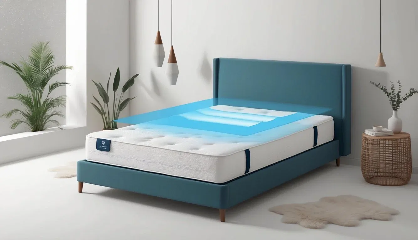 A mattress with isolated motion and responsive foam, surrounded by a serene bedroom setting with minimalistic decor