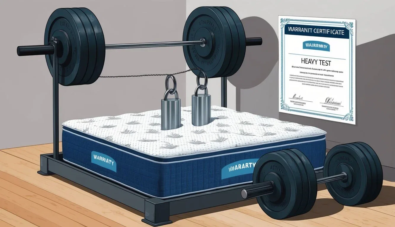 A sturdy mattress being put to the test with heavy weights, while a warranty certificate is prominently displayed nearby