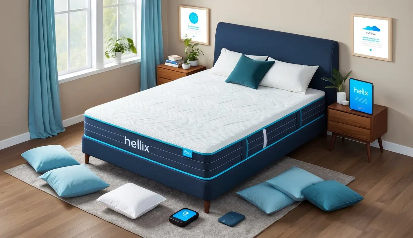A cozy bedroom with a Helix mattress as the focal point, surrounded by various additional features and services such as pillows, sheets, and a sleep tracker
