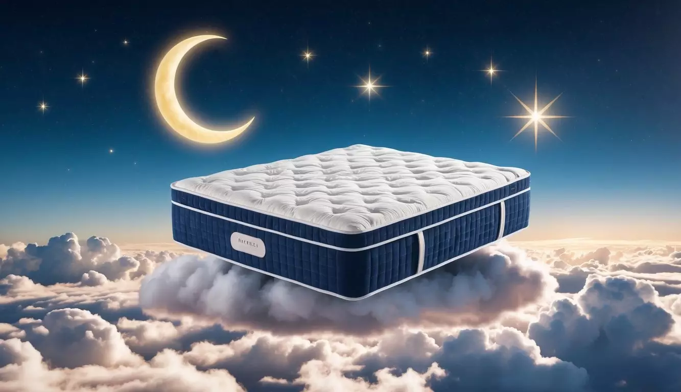 A luxurious mattress floating above a cloud-filled sky, surrounded by twinkling stars and a crescent moon