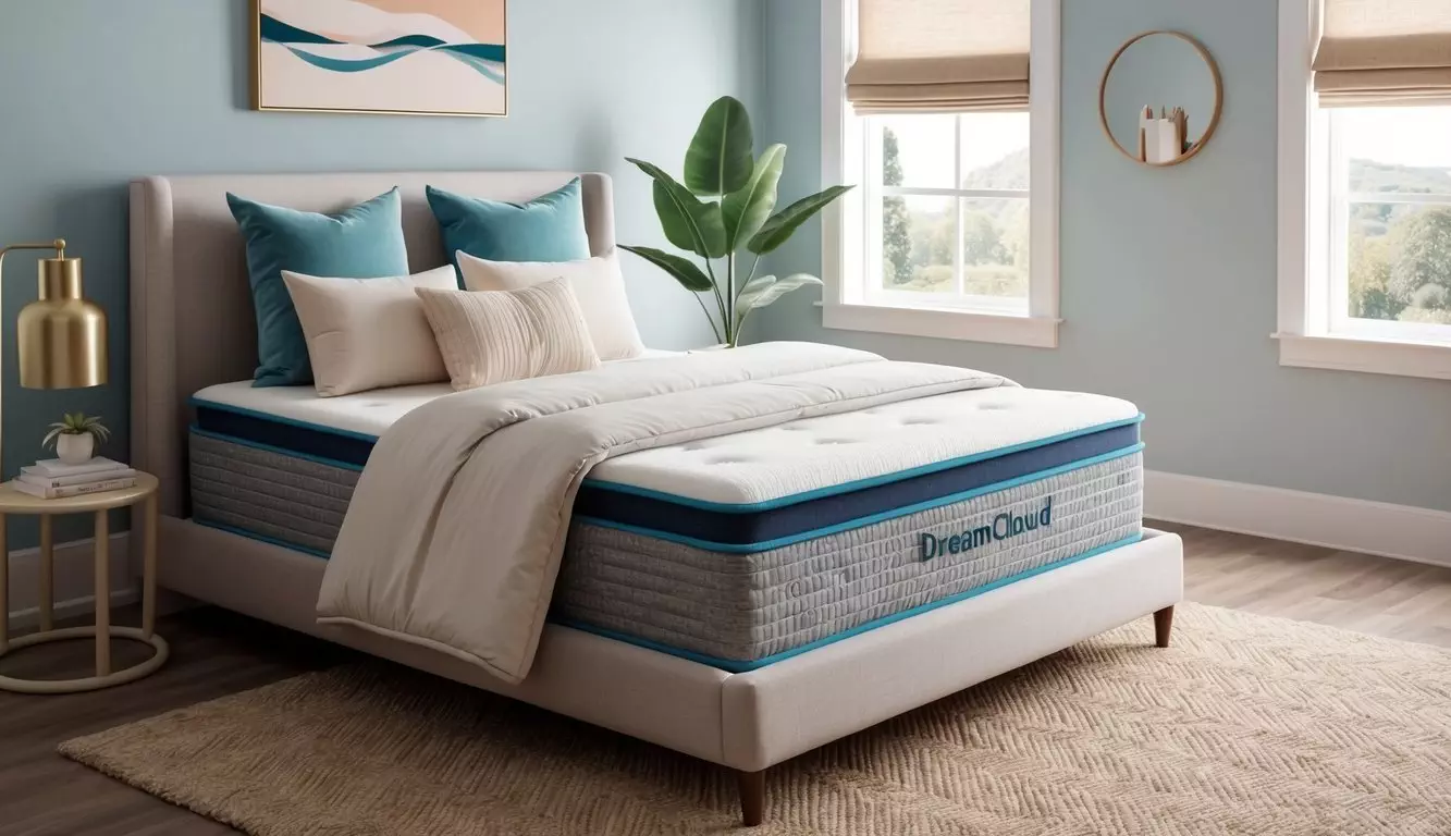 A peaceful bedroom with a dreamcloud mattress, adorned with soft pillows and a cozy comforter