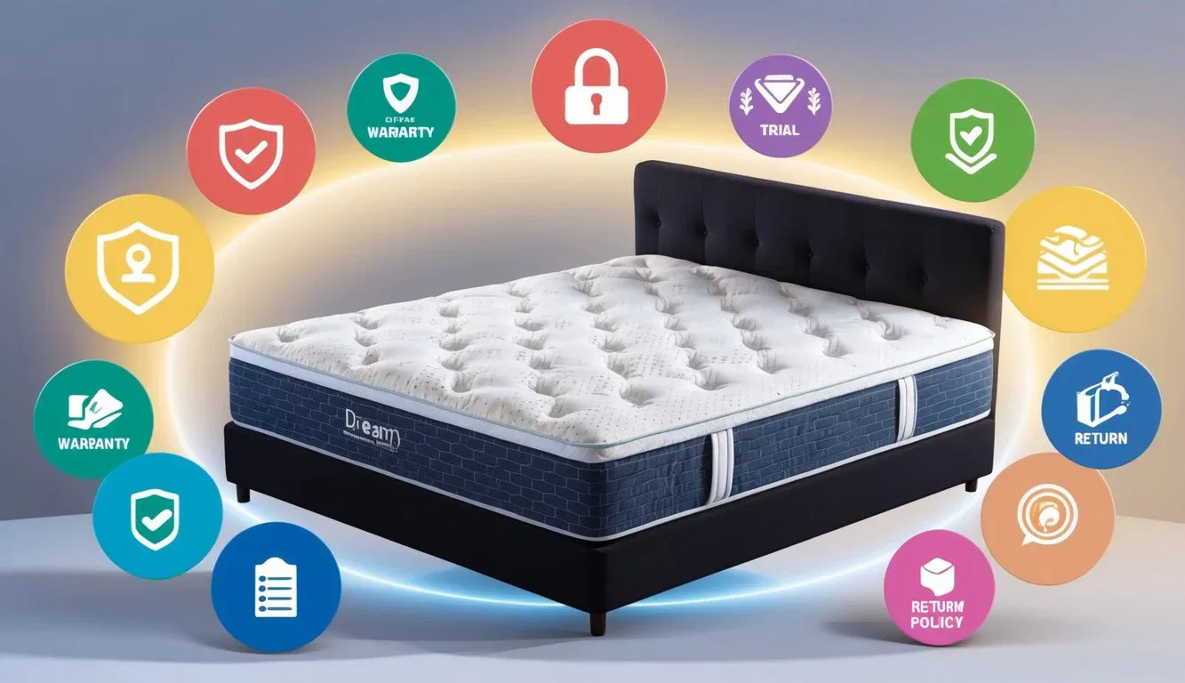 A dreamy mattress surrounded by a glowing halo of warranty, trial, and return policy icons