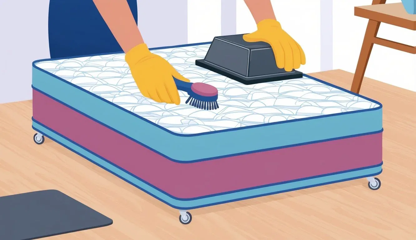 A mattress being gently cleaned with a soft brush, while a durability test is conducted with a heavy weight being placed on top