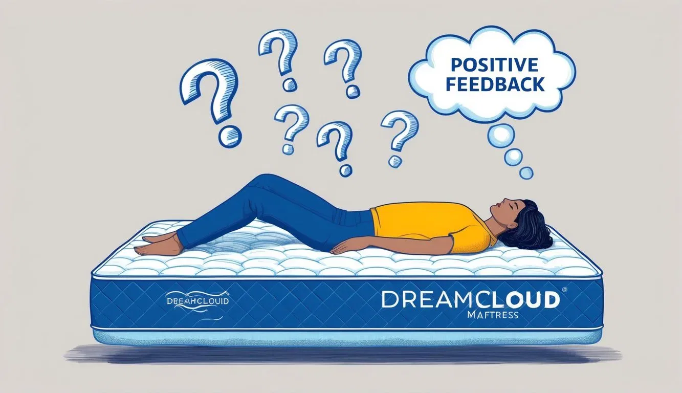 A person lying on a DreamCloud mattress, surrounded by floating question marks and a thought bubble with positive feedback