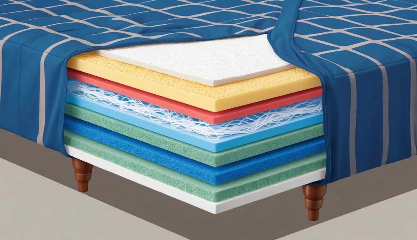 A cross-section of a mattress with layers of foam and fiberglass encased in fabric