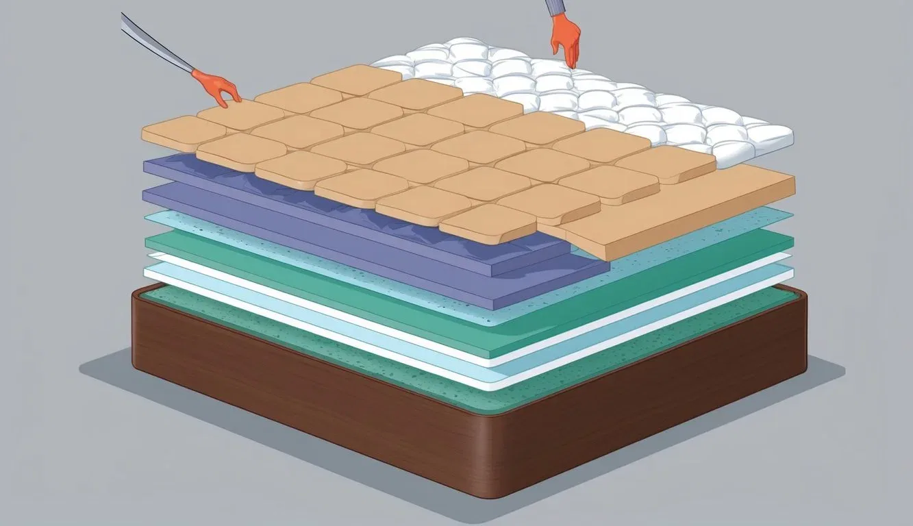 A mattress being constructed with layers of foam and fiberglass material