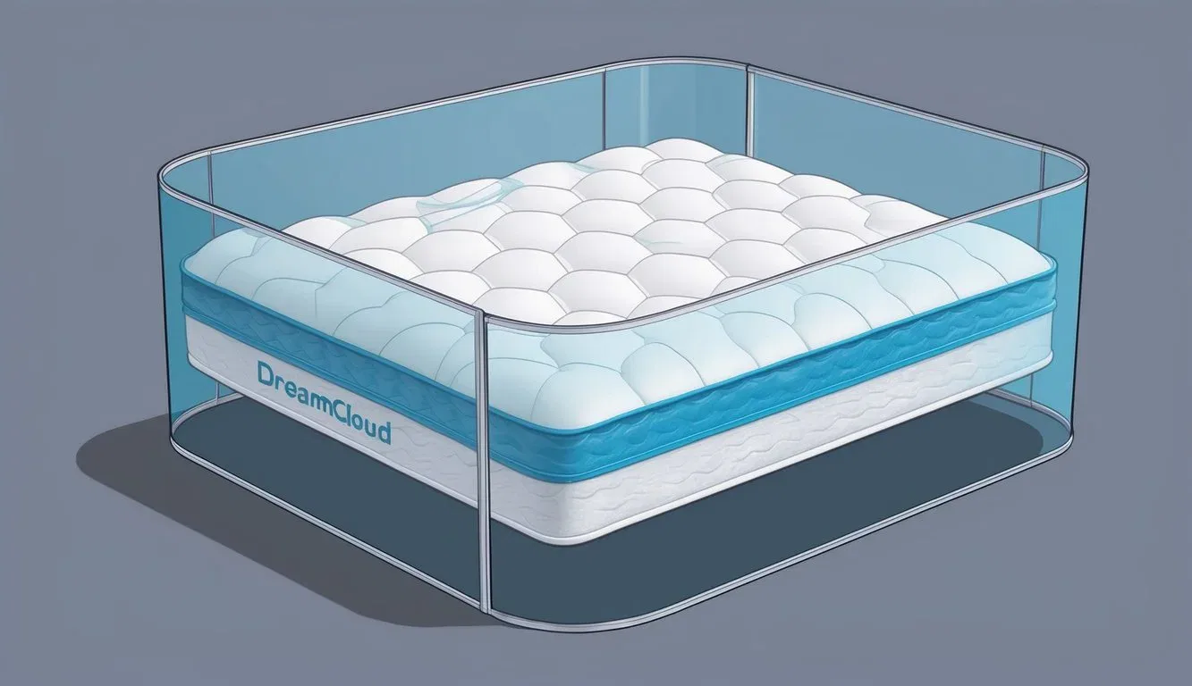 A dreamcloud mattress surrounded by a protective barrier, shielded from potential health hazards like fiberglass