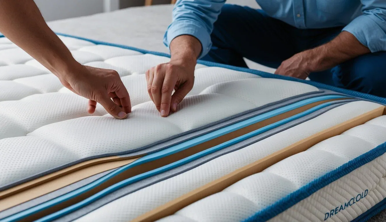 A person inspecting a DreamCloud mattress, looking closely at the materials used, including the layers and construction of the mattress