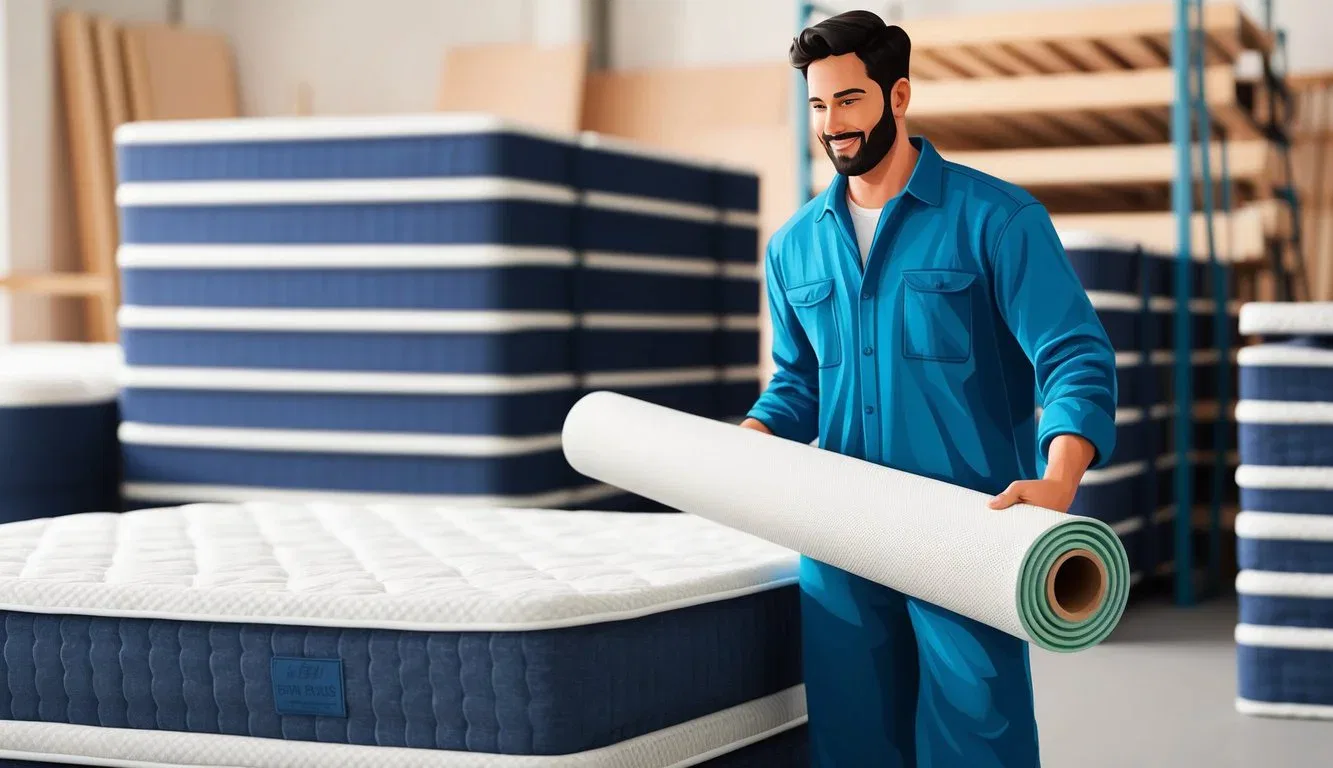 A mattress factory worker holds a roll of eco-friendly material, with stacks of non-fiberglass mattresses in the background