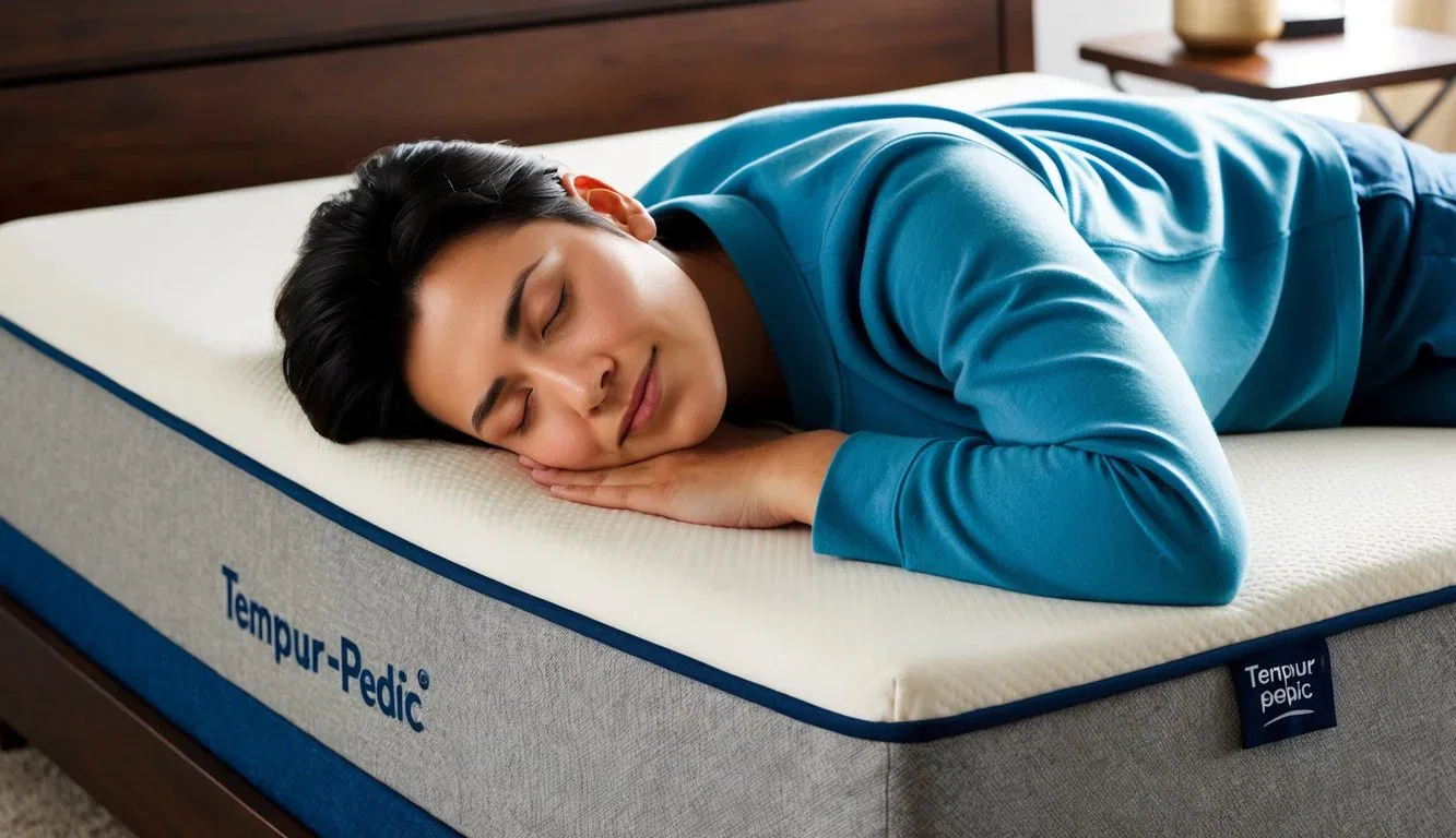 A person sleeping peacefully on a Tempur-Pedic mattress, with a contented expression on their face