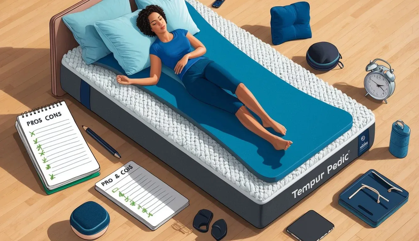 A person lying on a Tempur-Pedic mattress, surrounded by various sleep accessories and a notepad with pros and cons listed
