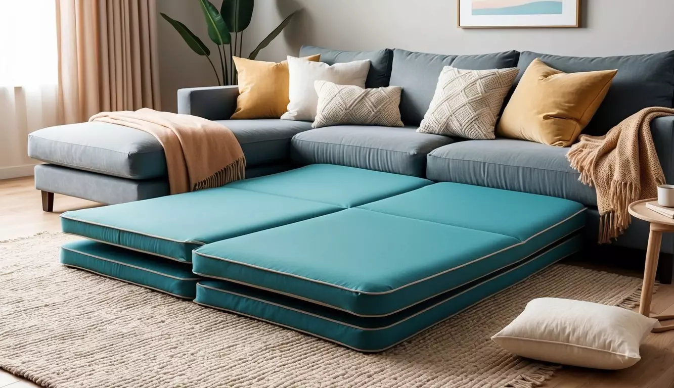 A foldable floor mattress unfolds in a cozy living room, surrounded by soft pillows and warm blankets, ready for a comfortable night's sleep