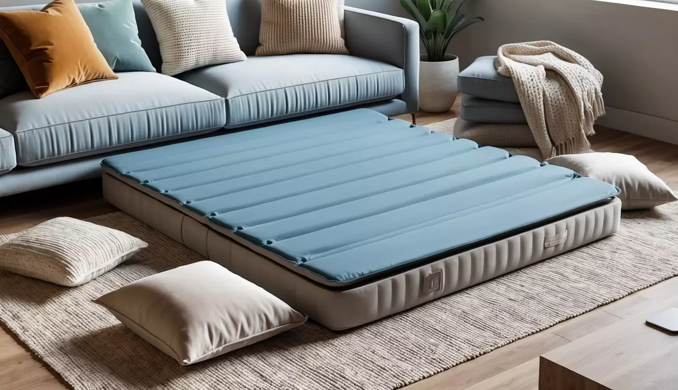 A foldable floor mattress displayed in a modern living room setting, surrounded by cozy blankets and pillows