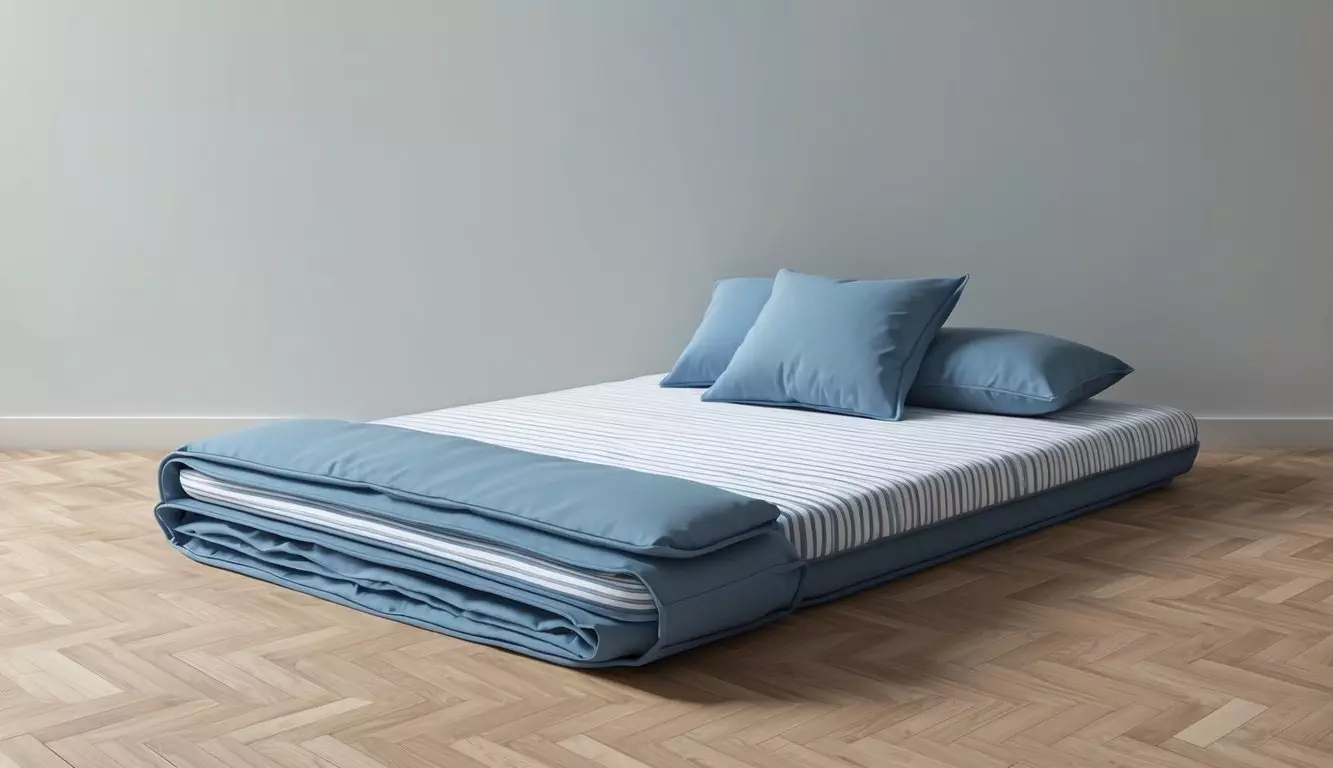 A folded floor mattress resting against a wall, with a neatly arranged bedding on top