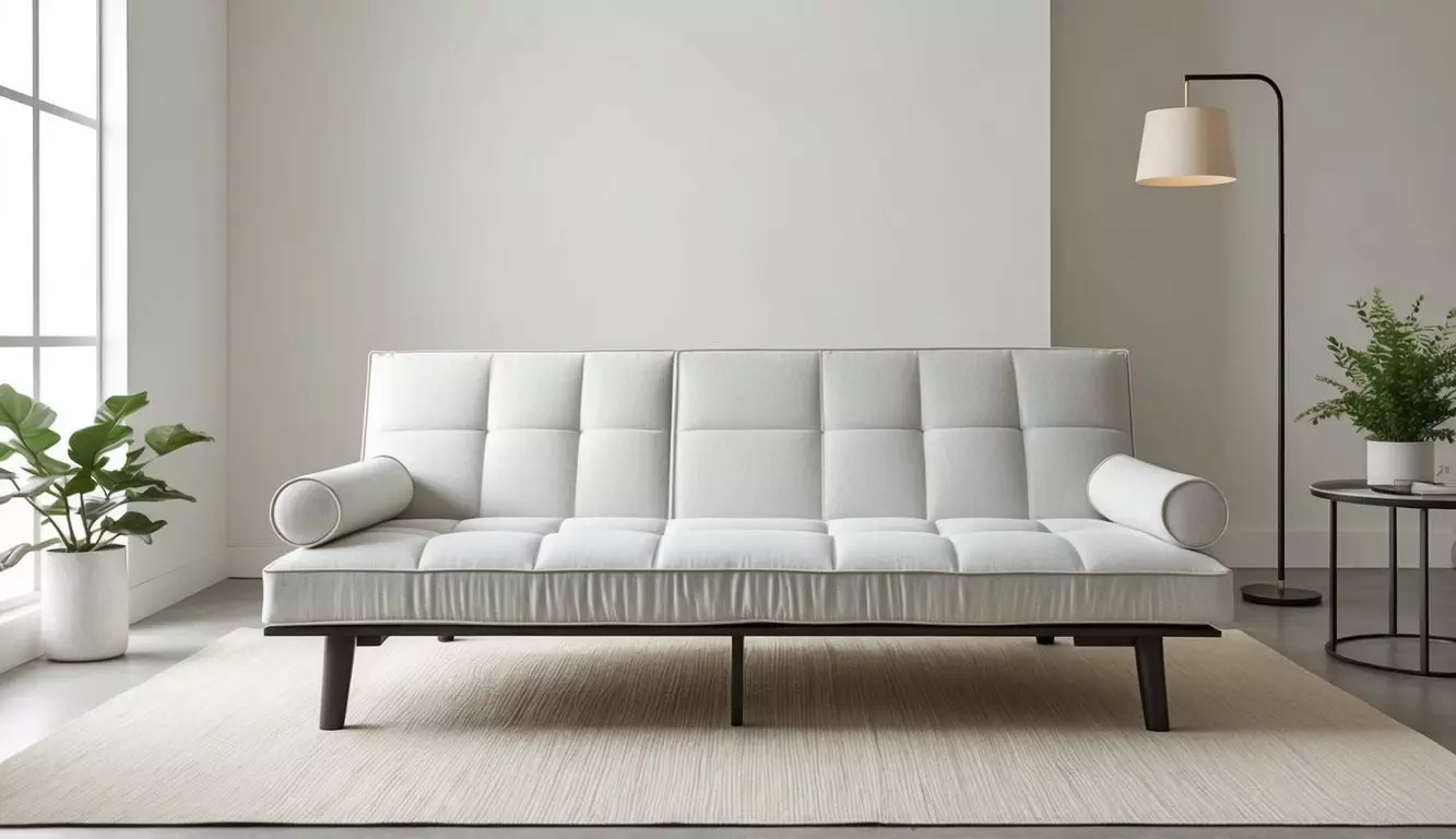 A futon mattress displayed in a minimalist, modern living room setting with natural lighting and clean, neutral tones