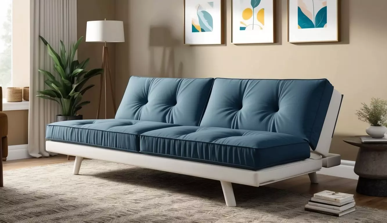 A cozy living room with a sleek, modern futon mattress made of high-quality materials and designed for comfort and durability