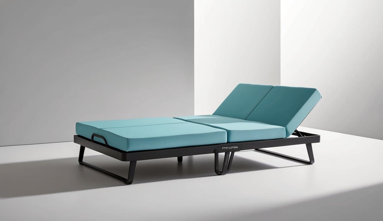 A futon mattress with a sleek, modern design and special features, such as memory foam or cooling gel, set against a minimalist backdrop