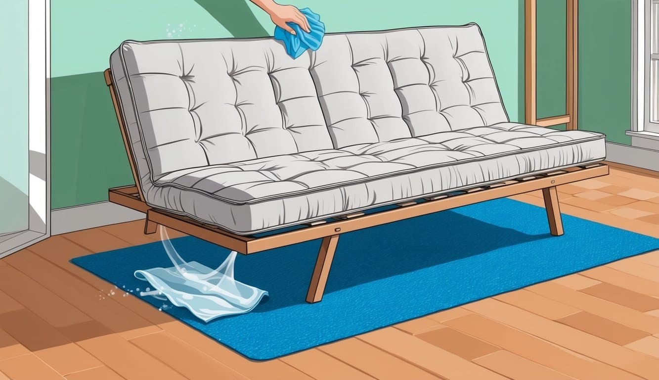 A sturdy futon mattress being wiped clean with a damp cloth
