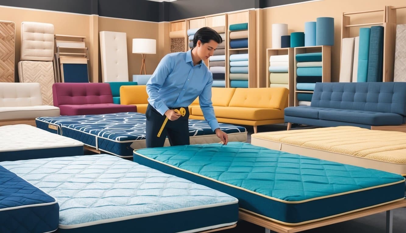 A person comparing different futon mattresses in a showroom, surrounded by various options and holding a tape measure
