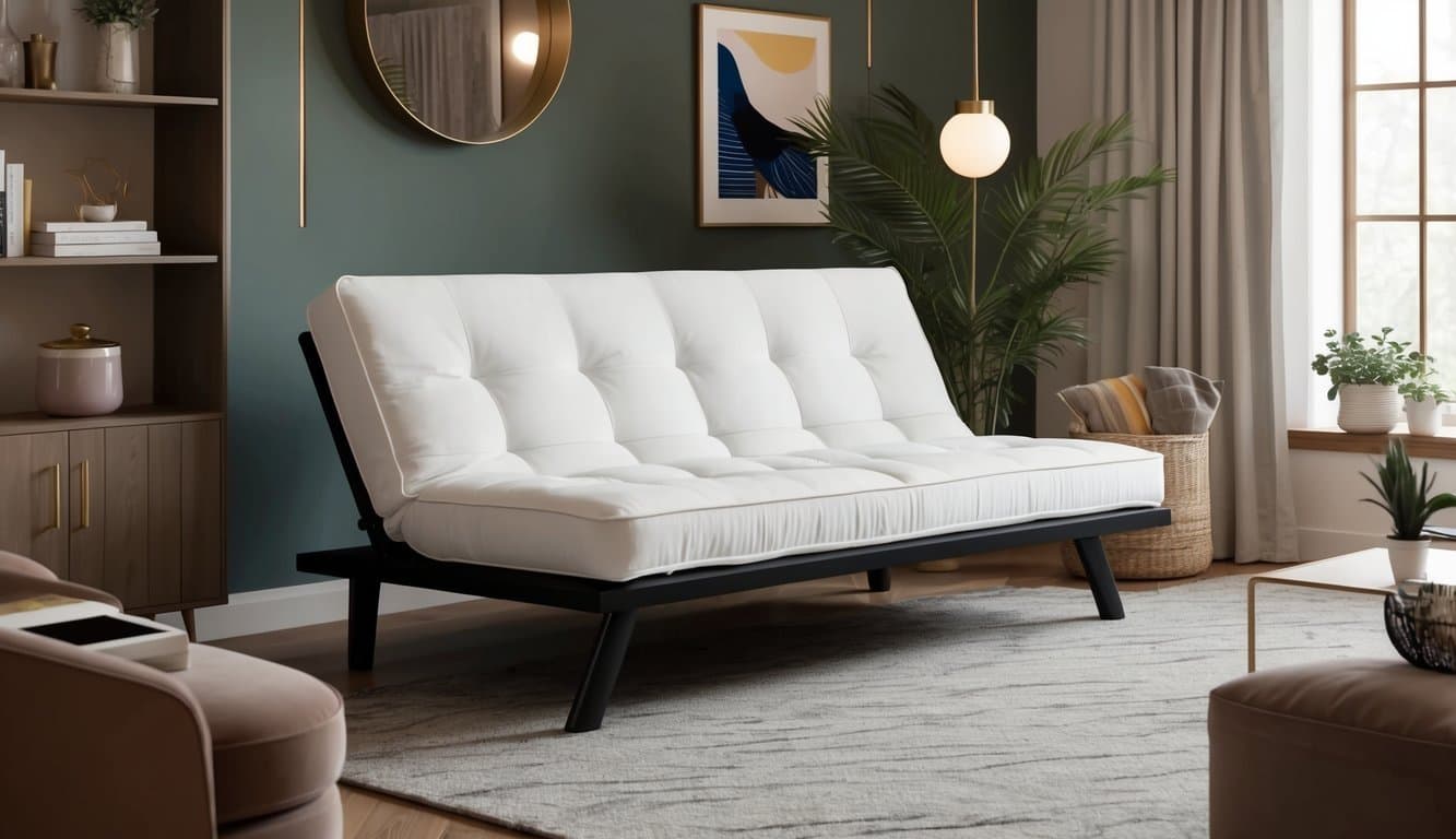 A cozy living room with a sleek, modern futon mattress as the focal point, surrounded by stylish decor and soft lighting