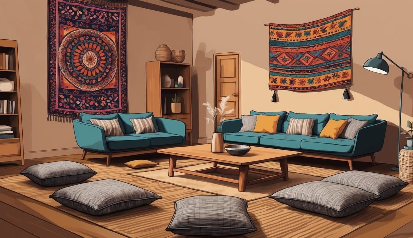 A cozy living room with a low wooden table, floor cushions, and a colorful tapestry hanging on the wall. The room is filled with warm, earthy tones and features a mix of modern and traditional furniture