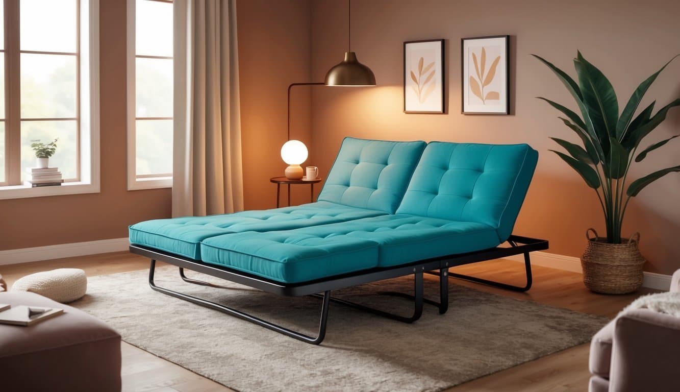 A cozy living room with a sleek, modern futon mattress as the focal point, surrounded by soft, inviting decor and warm lighting