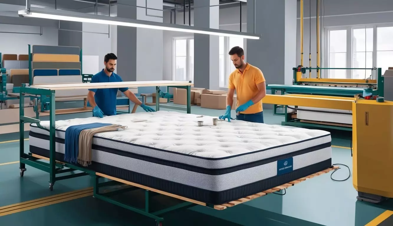 A mattress being constructed with high-quality materials in a modern factory setting