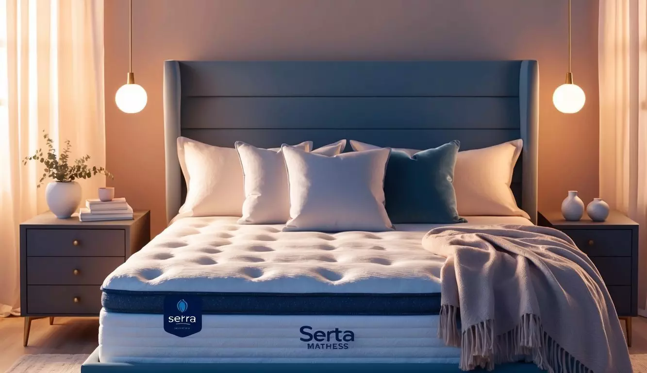 A serene bedroom with a Serta mattress, adorned with plush pillows and a cozy blanket, bathed in soft, warm lighting