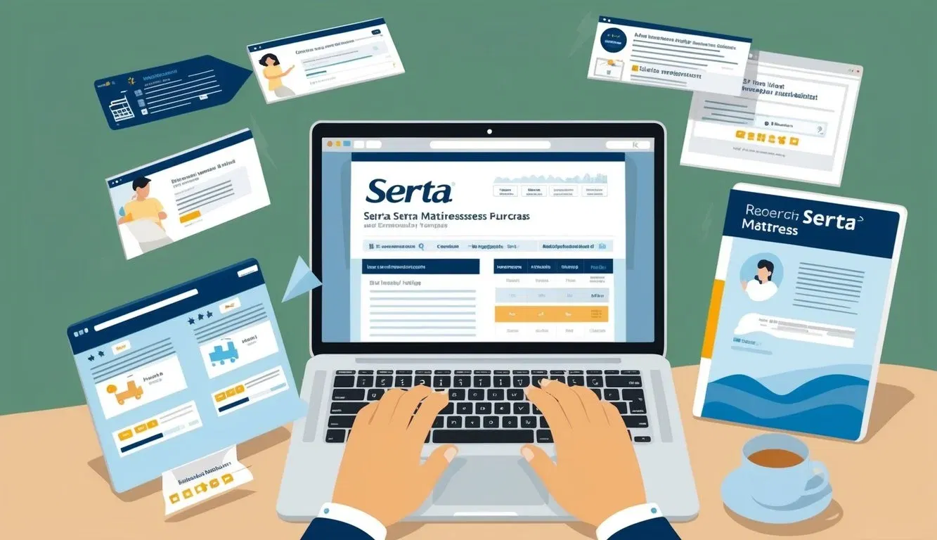 A person researching serta mattresses online, surrounded by product reviews and purchasing information on a laptop