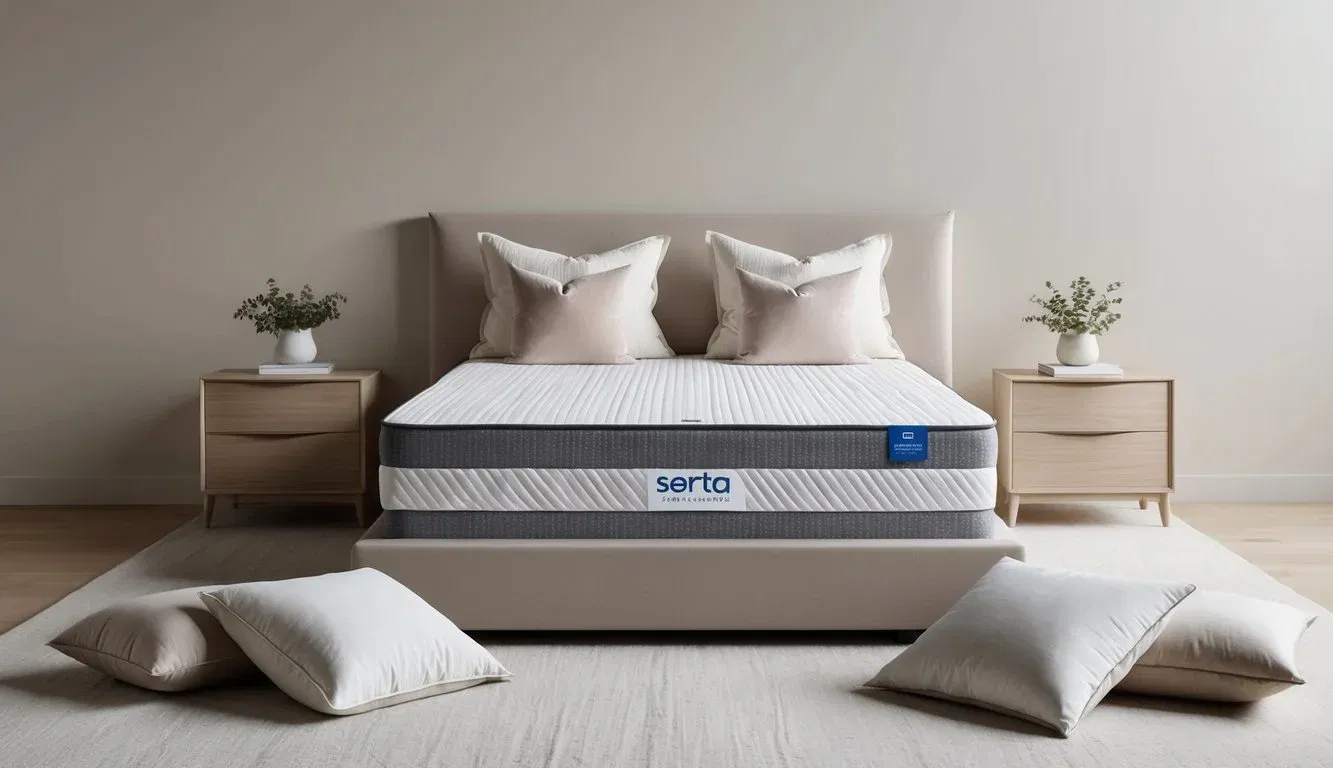 A serene bedroom with a Serta mattress as the focal point, surrounded by soft, neutral-colored bedding and a pair of fluffy pillows