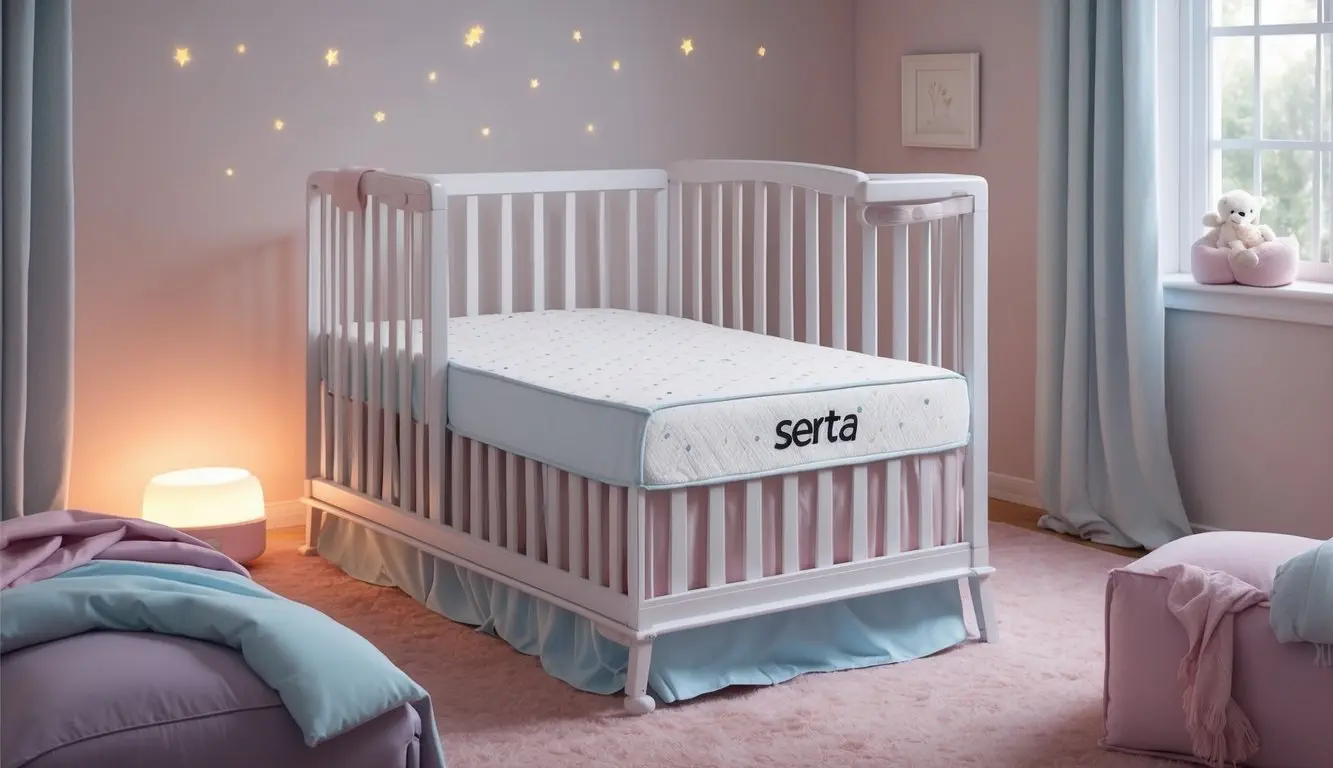 A cozy nursery with a Serta crib mattress in the center, surrounded by soft, pastel-colored bedding and a gentle glow from a nearby nightlight