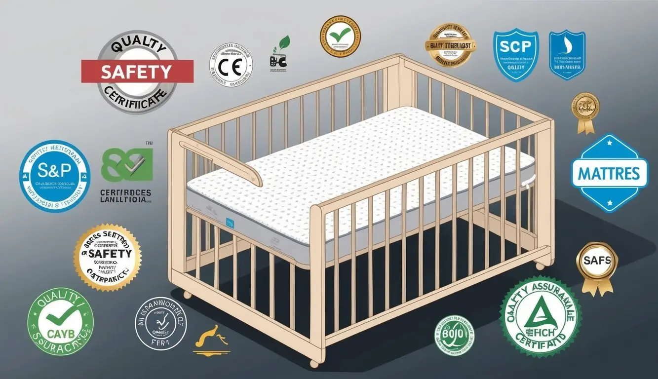 A baby crib mattress surrounded by safety certifications and quality assurance symbols