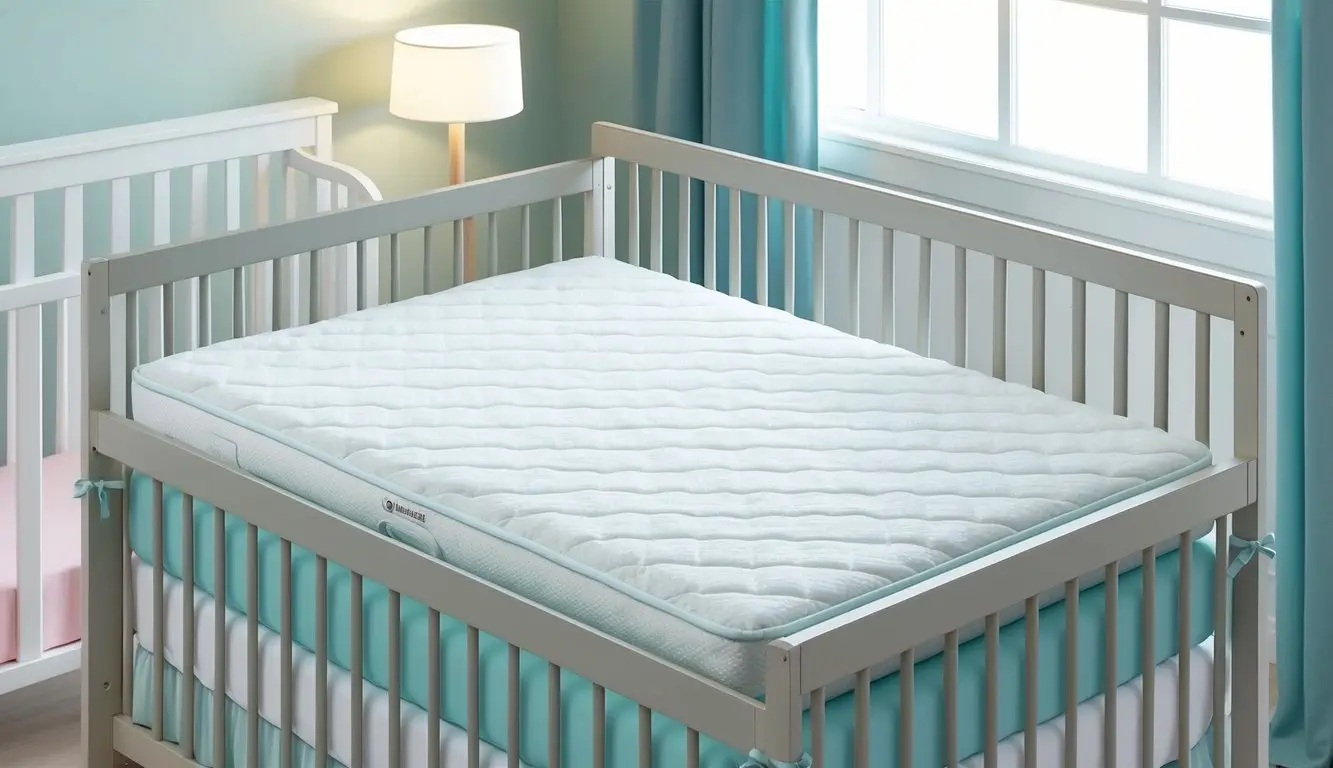 A crib mattress with a quilted cover, breathable foam, and waterproof backing, surrounded by a peaceful nursery with soft lighting and calming colors