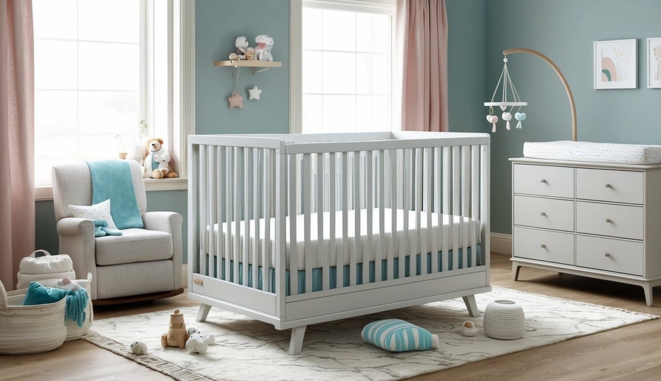 A crib with a Serta mattress perfectly fitting inside, surrounded by various baby items and a peaceful nursery setting