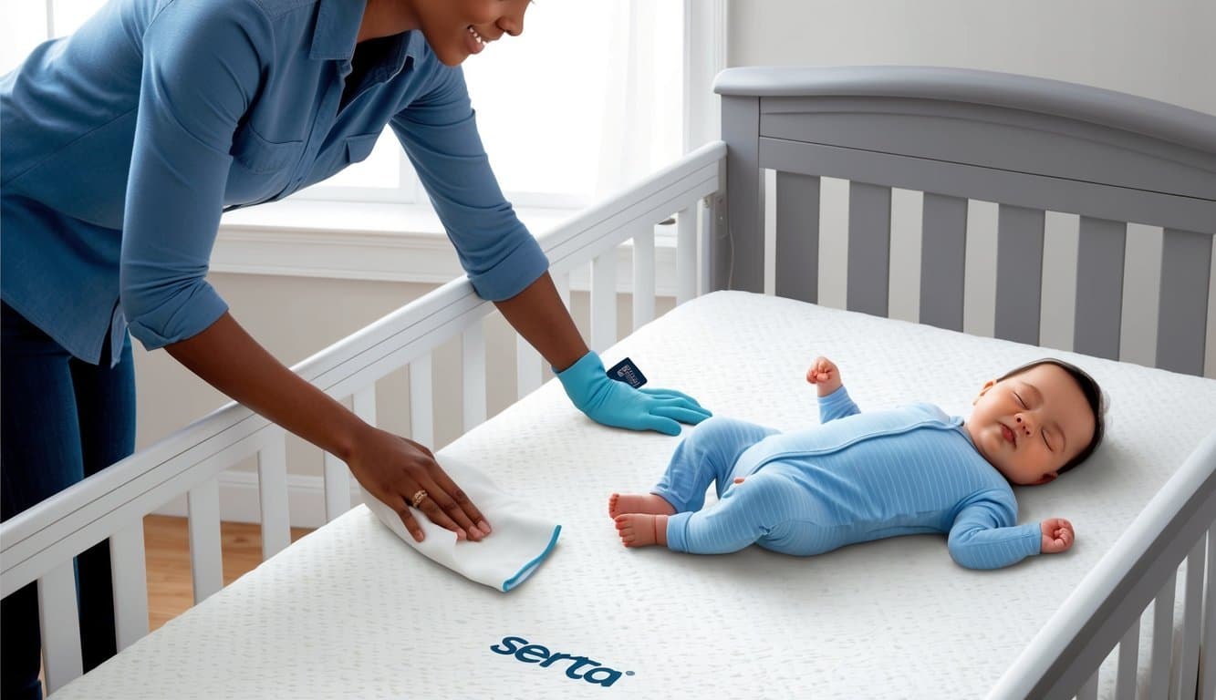 A parent effortlessly wipes down the waterproof cover of the serta crib mattress, while a smiling baby peacefully sleeps on the comfortable surface
