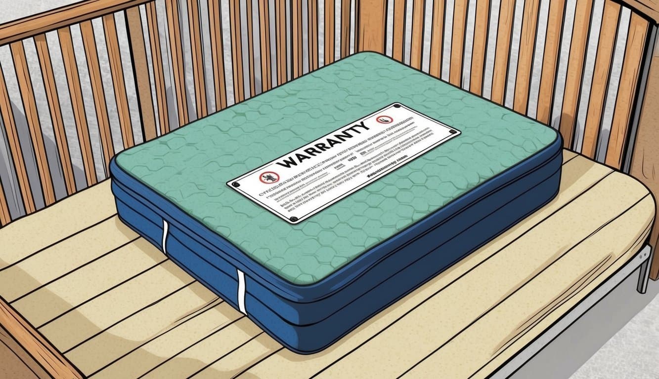 A sturdy crib mattress with a prominent warranty label
