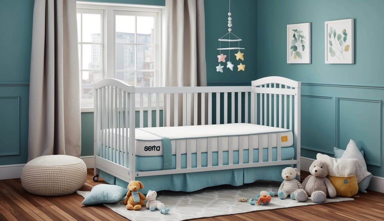A cozy nursery with a Serta crib mattress surrounded by plush toys and a mobile hanging above